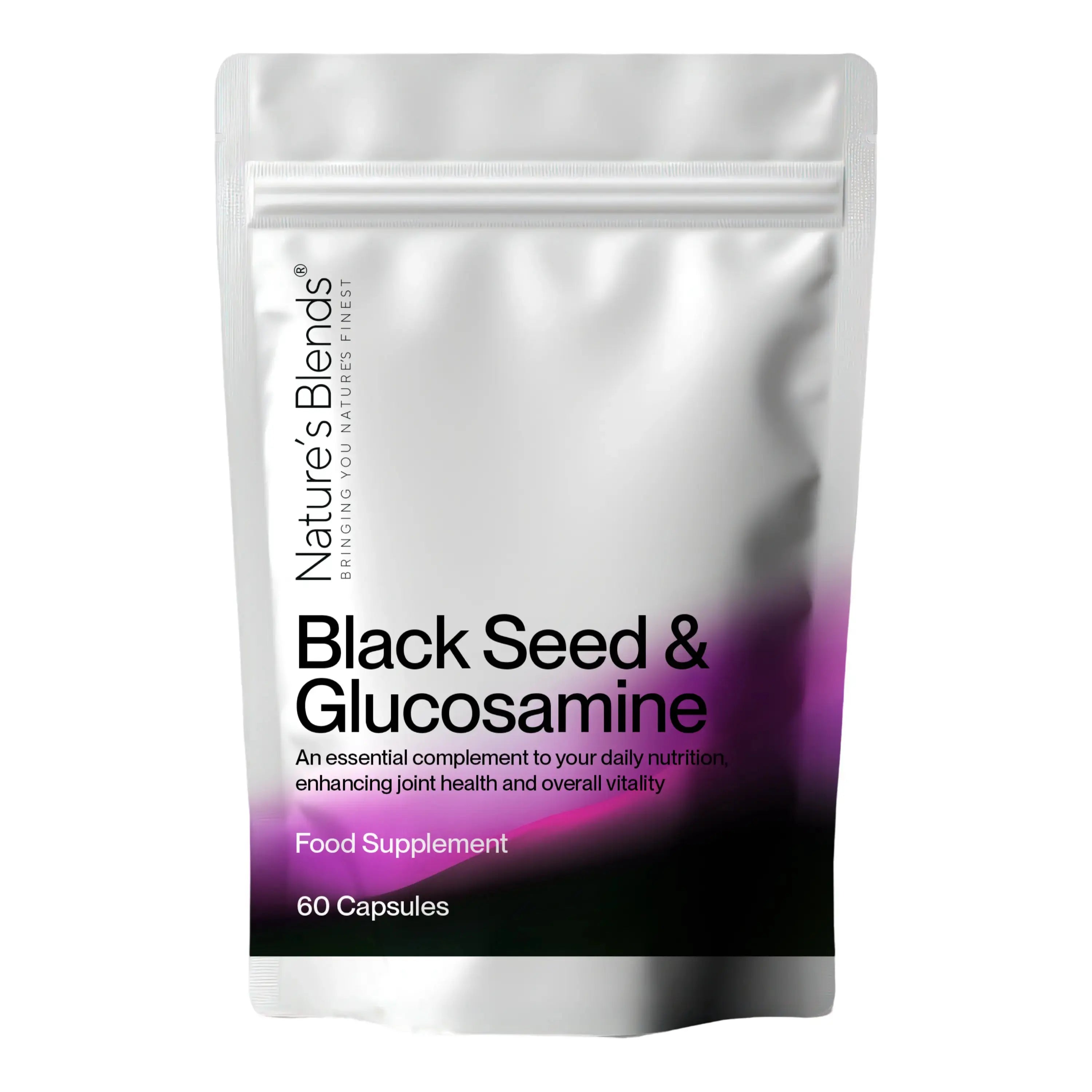 Packaging for Nature's Blends Black Seed Oil & Glucosamine supplement, housed in a stylish pouch with a white to purple gradient. The product is labeled to emphasize its rich anti-oxidant and anti-inflammatory properties, containing 60 capsules aimed at supporting joint health and reducing inflammation

Black Seed Oil & Natural Glucosamine Capsules, 1 Pack

